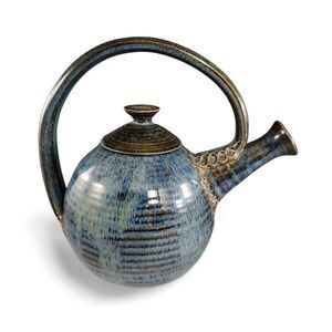 Studio Art Pottery Ball Teapot Asian Tea Pot Artist Made Blue Drip Glaze Signed